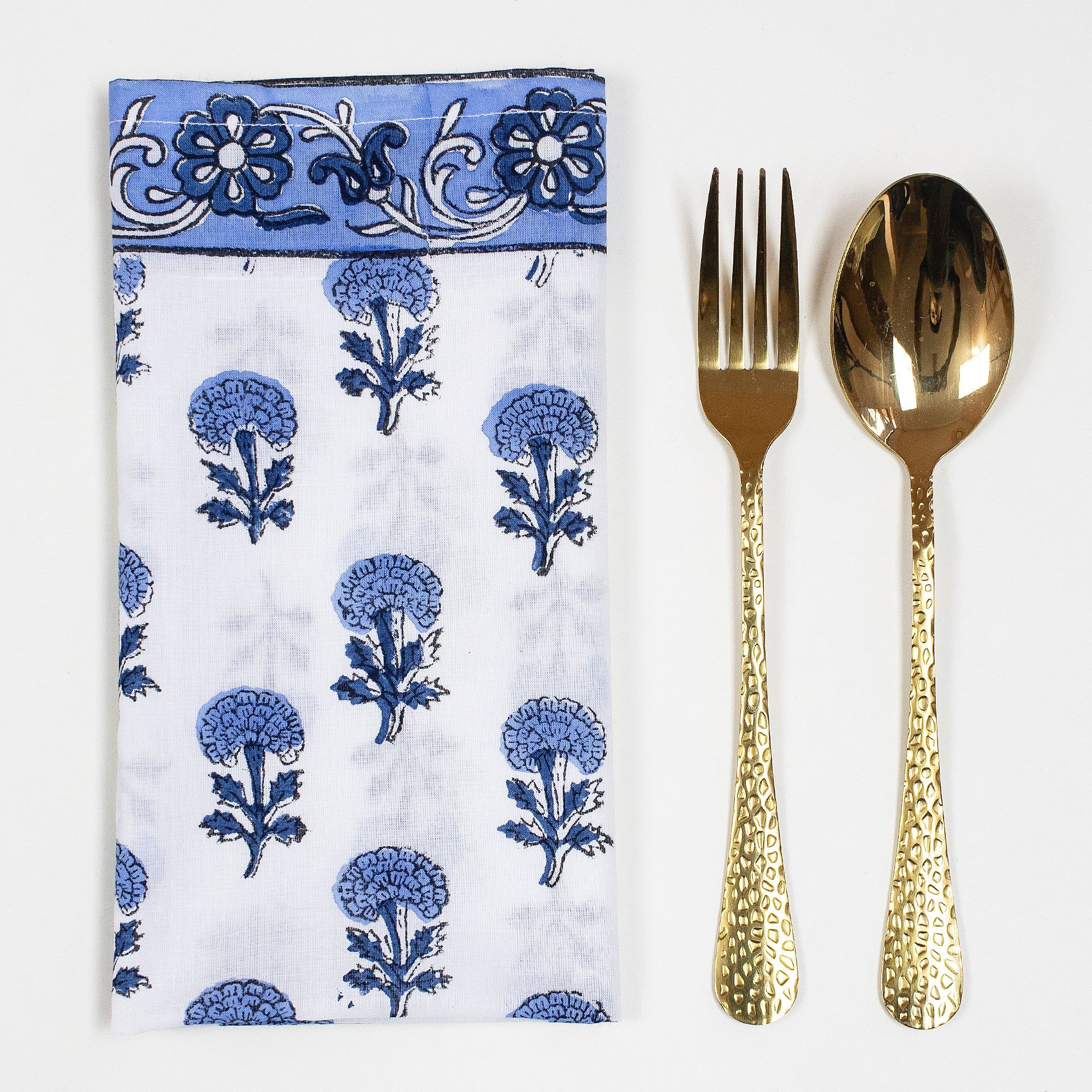 Hand Rumal Block Blue Floral Print Cotton Napkins